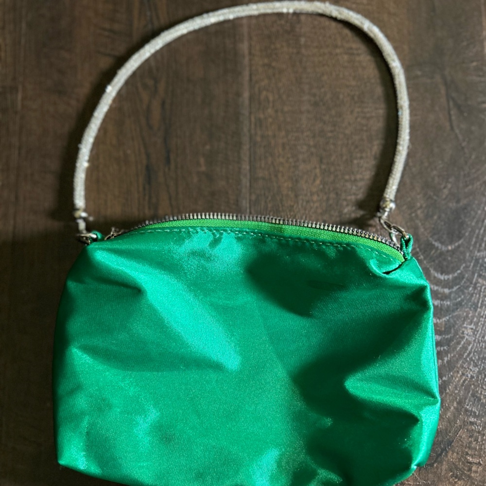 AKIRA Emerald Satin Shoulder Bag with Sparkle Strap
